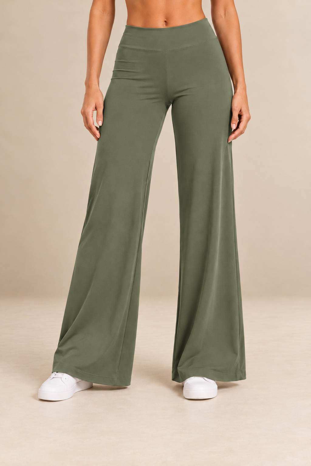 Alba women's yoga trousers in olive green, front view.