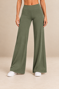 Alba women's yoga trousers in olive green, front view.