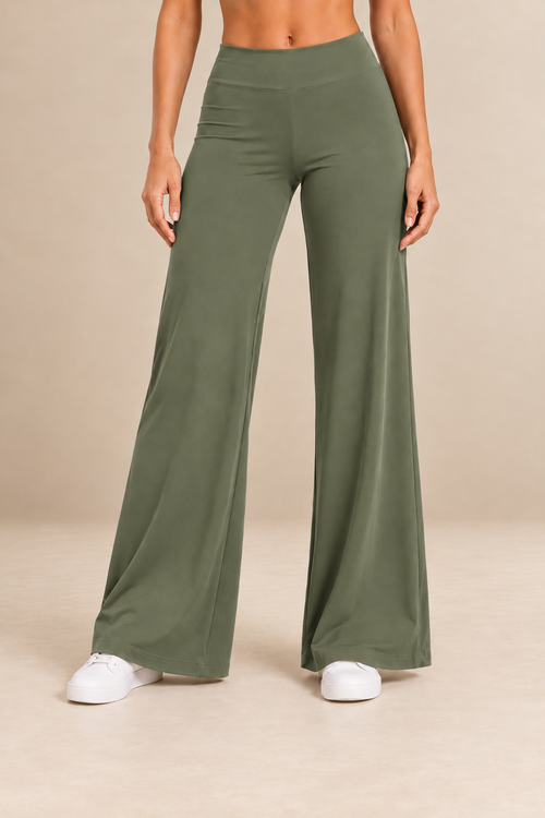 Alba women's yoga trousers in olive green, front view.