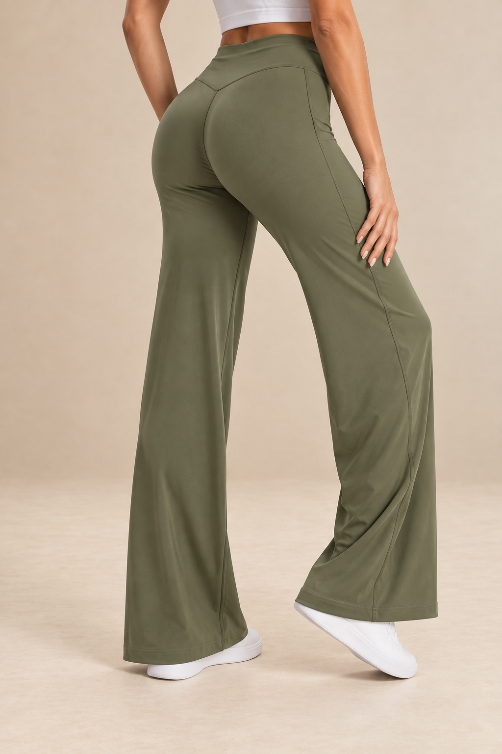 Alba women's yoga trousers in olive green, rear view showing the waistband and seam detailing.
