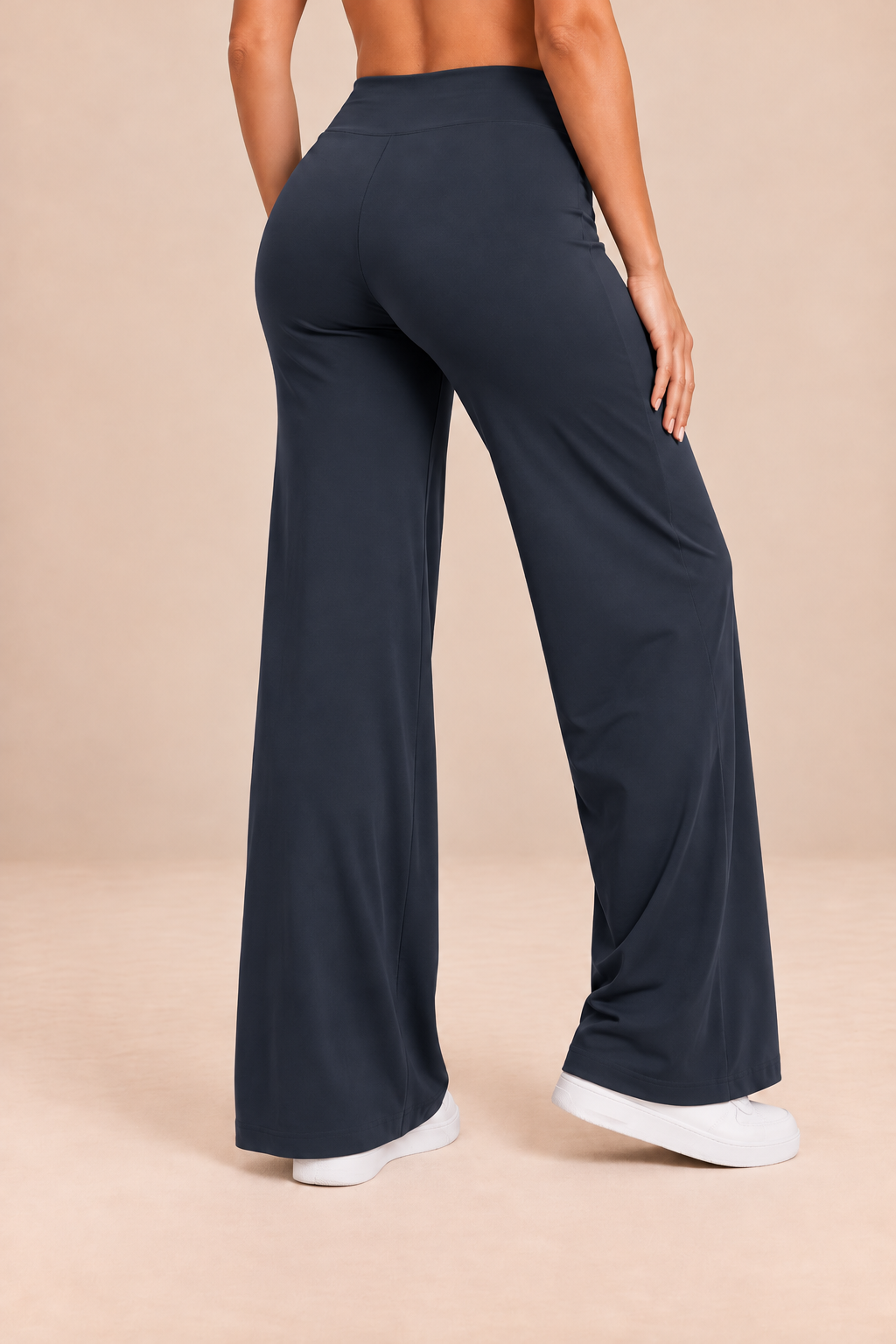 Alba women's yoga trousers in navy blue, rear view.