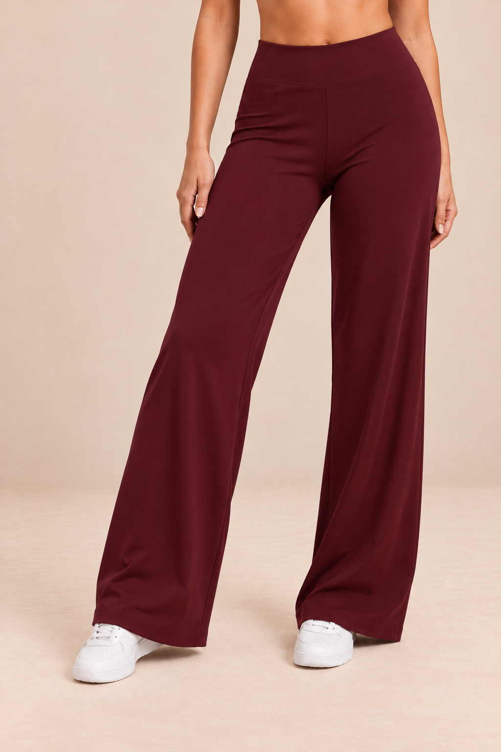Alba women's yoga trousers in burgundy, front view.