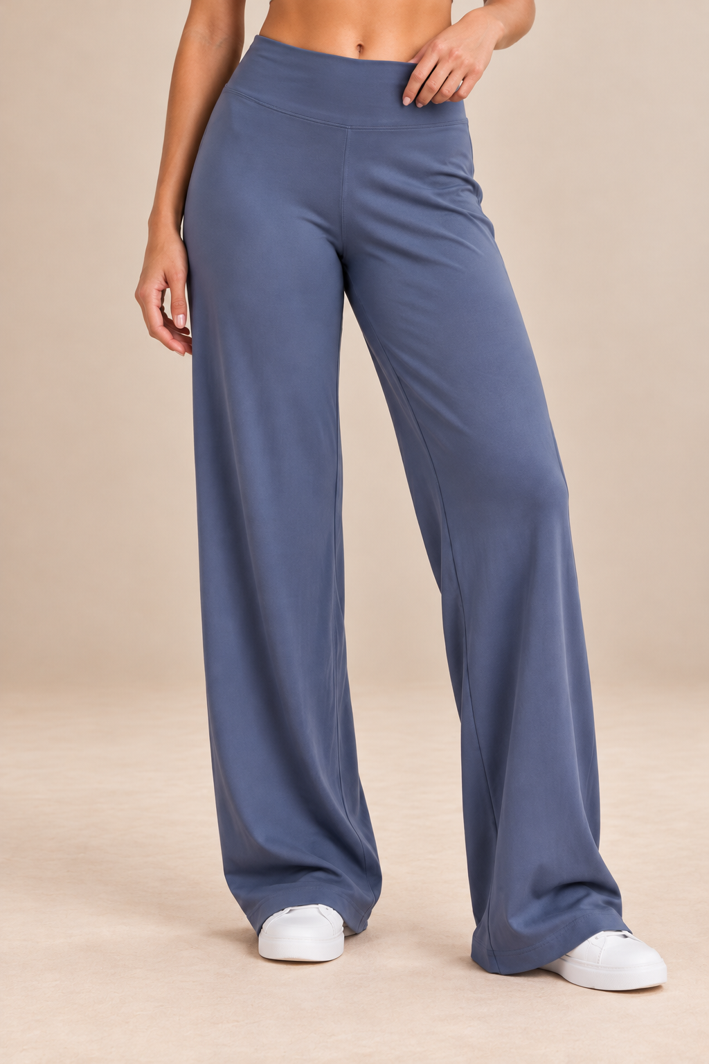 Alba women's yoga trousers in slate blue, front view.