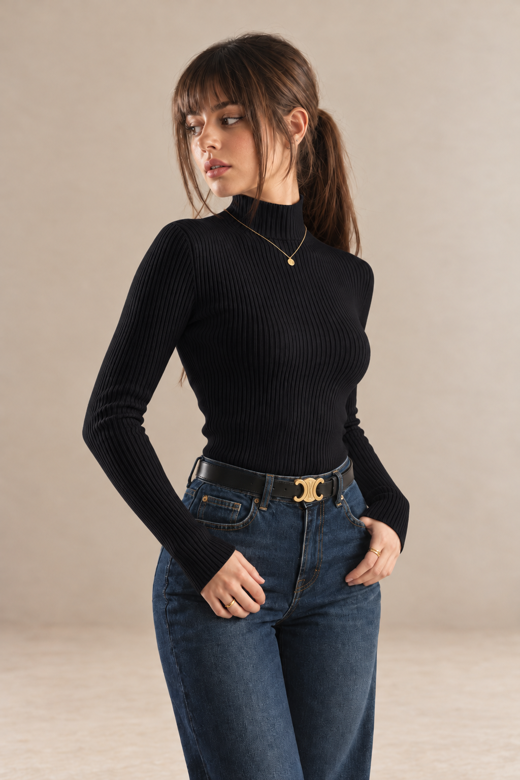 Amelie women's black ribbed roll neck jumper with long sleeves and a fitted silhouette — front three-quarter view.