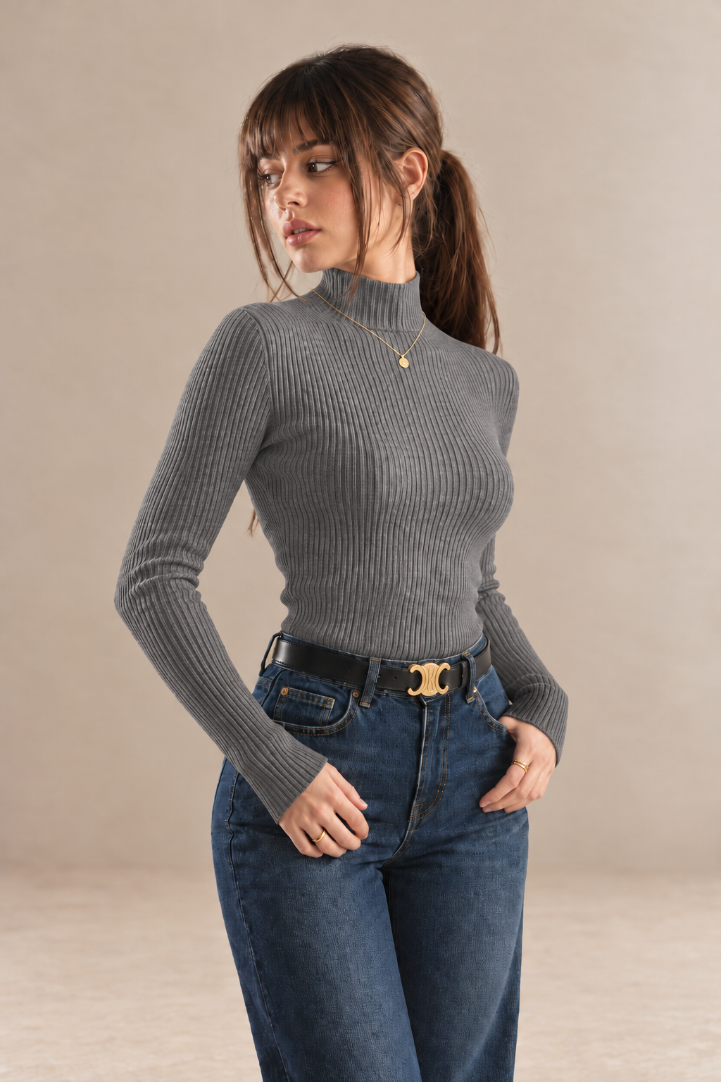 Amelie women's grey ribbed roll neck jumper with long sleeves and a fitted silhouette — front view.