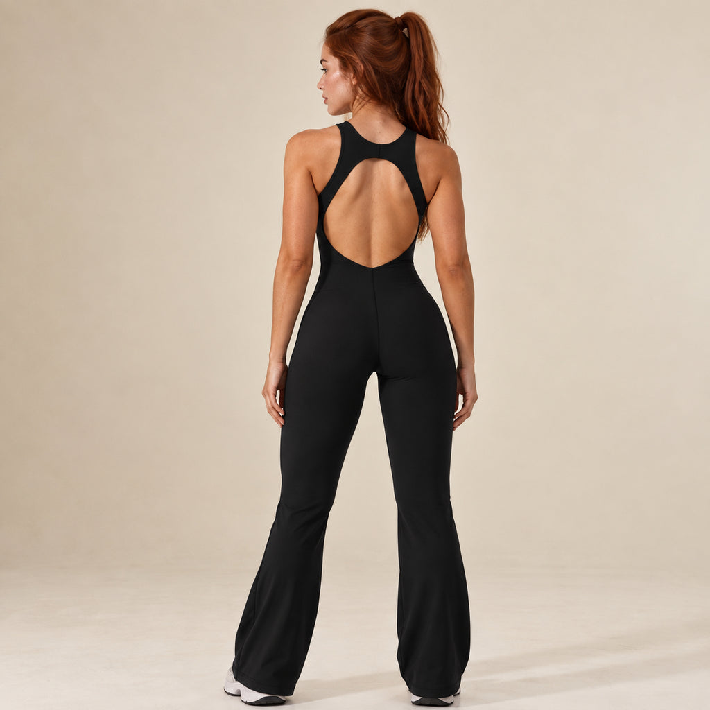Aria – Women's Open Back Yoga Jumpsuit with Flared Legs — Black view 2