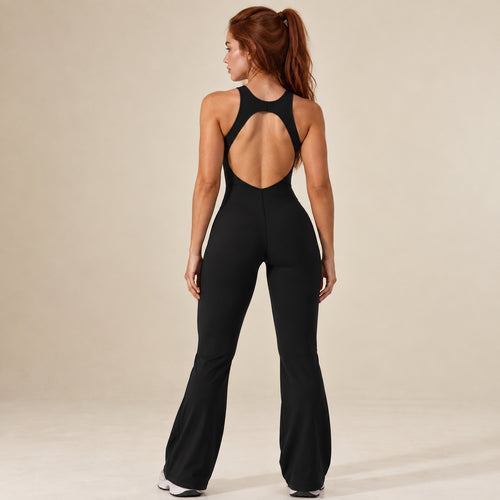 Aria – Women's Open Back Yoga Jumpsuit with Flared Legs — Black view 2