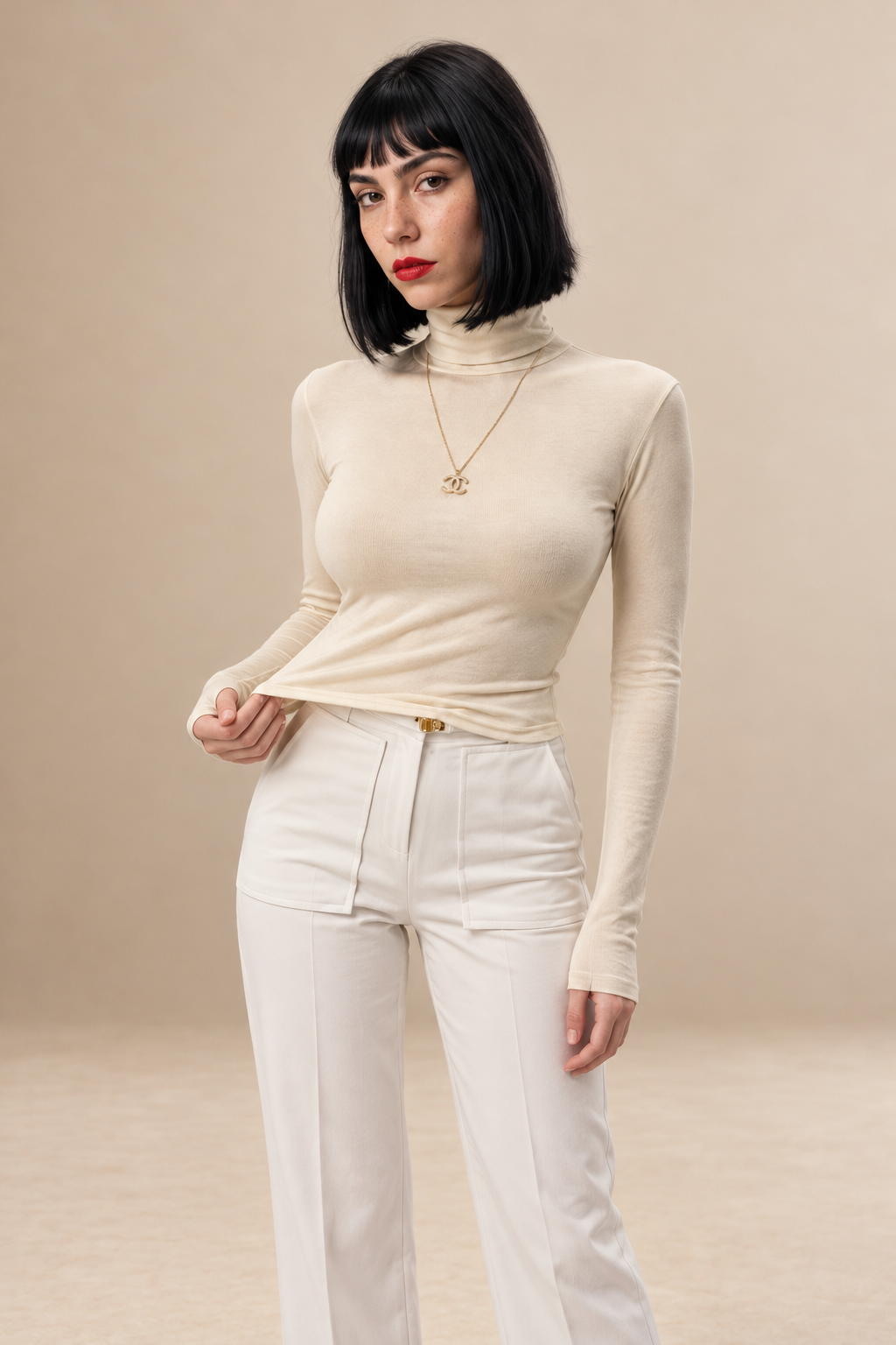 Celeste women's White cropped roll neck top — front view.