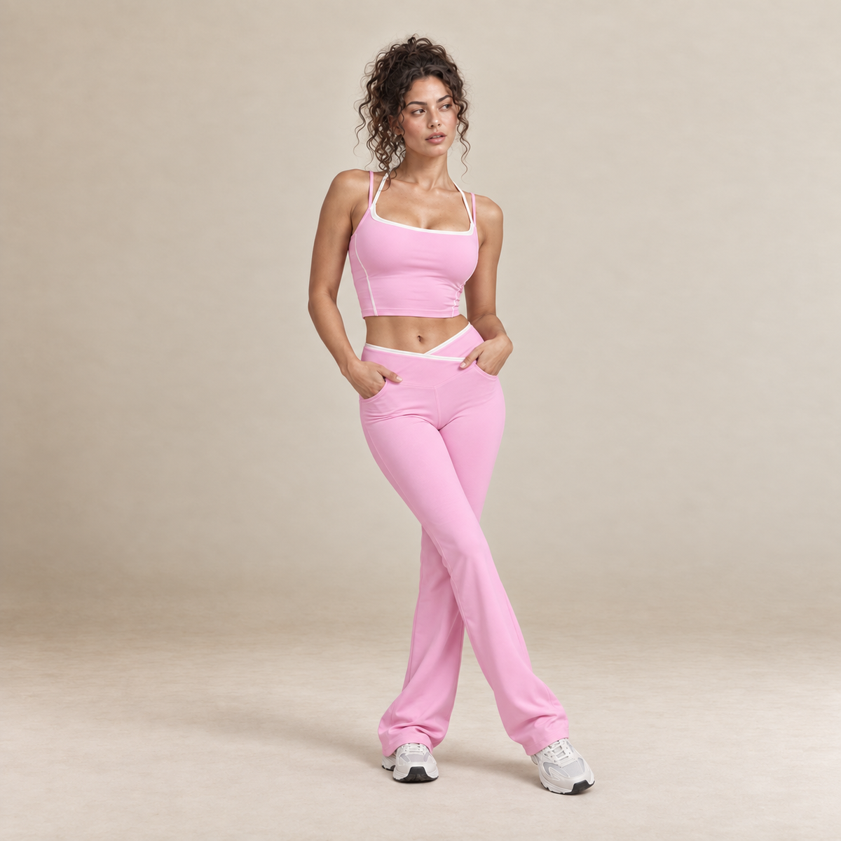 Cora – Women's Contrast Trim Top and Flared Trousers Set in Pink — product image 1.