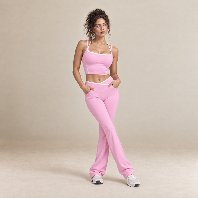 Cora – Women's Contrast Trim Top and Flared Trousers Set in Pink — product image 1.
