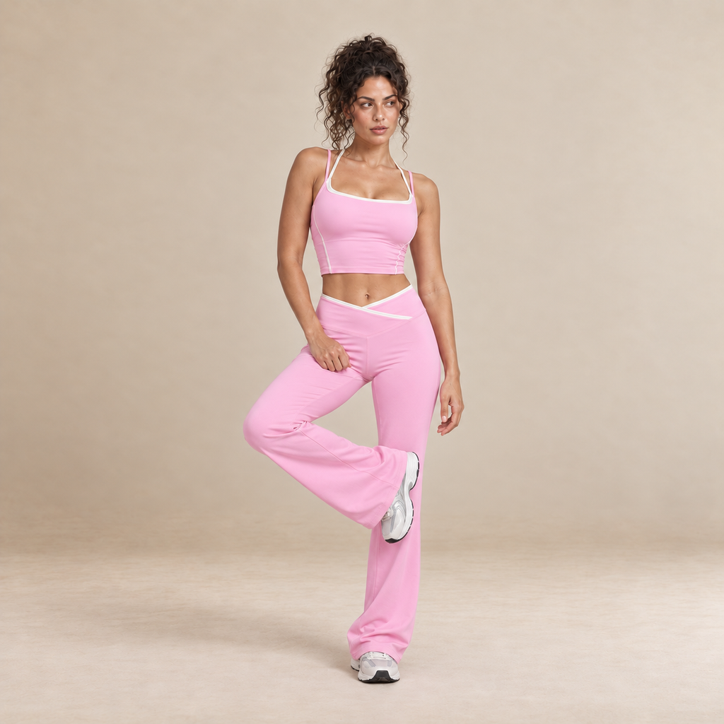 Cora – Women's Contrast Trim Top and Flared Trousers Set in Pink — product image 3.