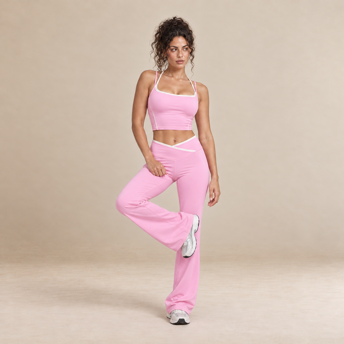 Cora – Women's Contrast Trim Top and Flared Trousers Set in Pink — product image 3.