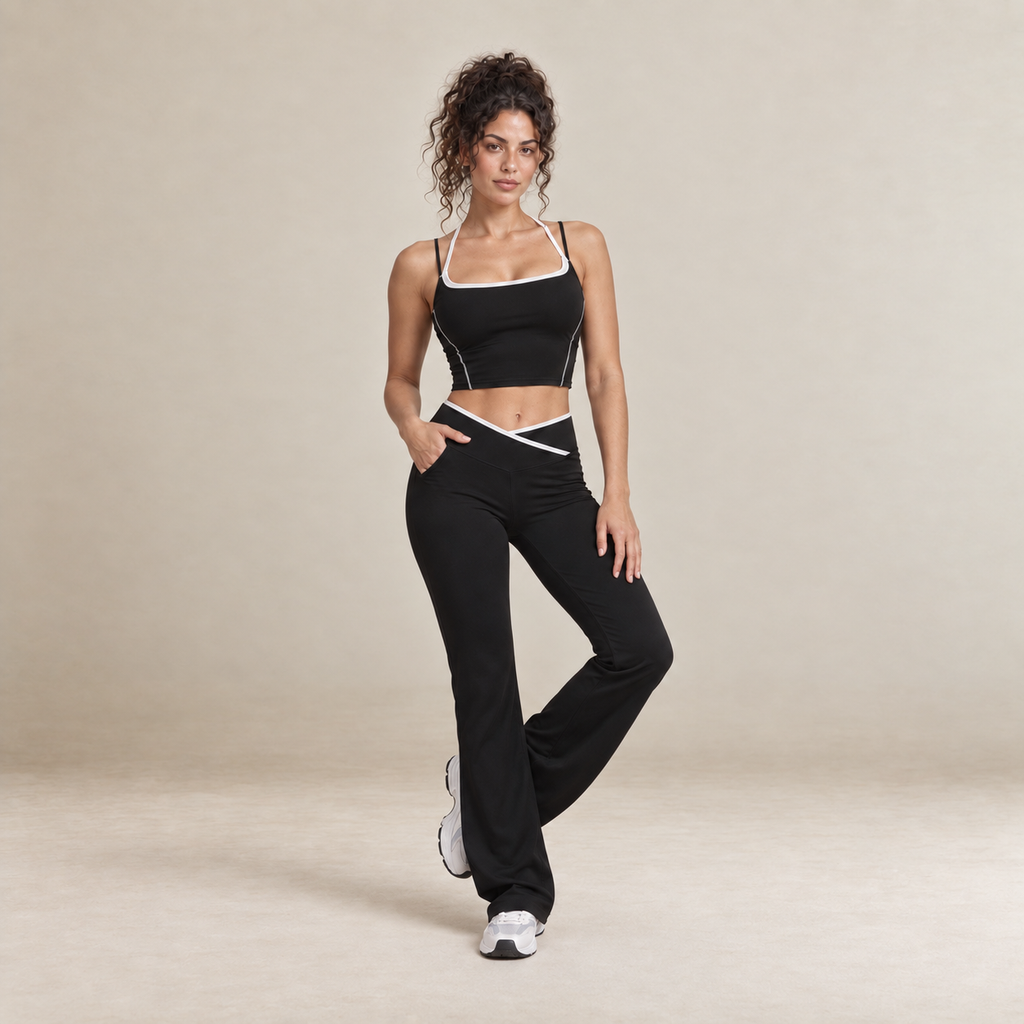 Cora – Women's Contrast Trim Top and Flared Trousers Set in Black — product image 4.