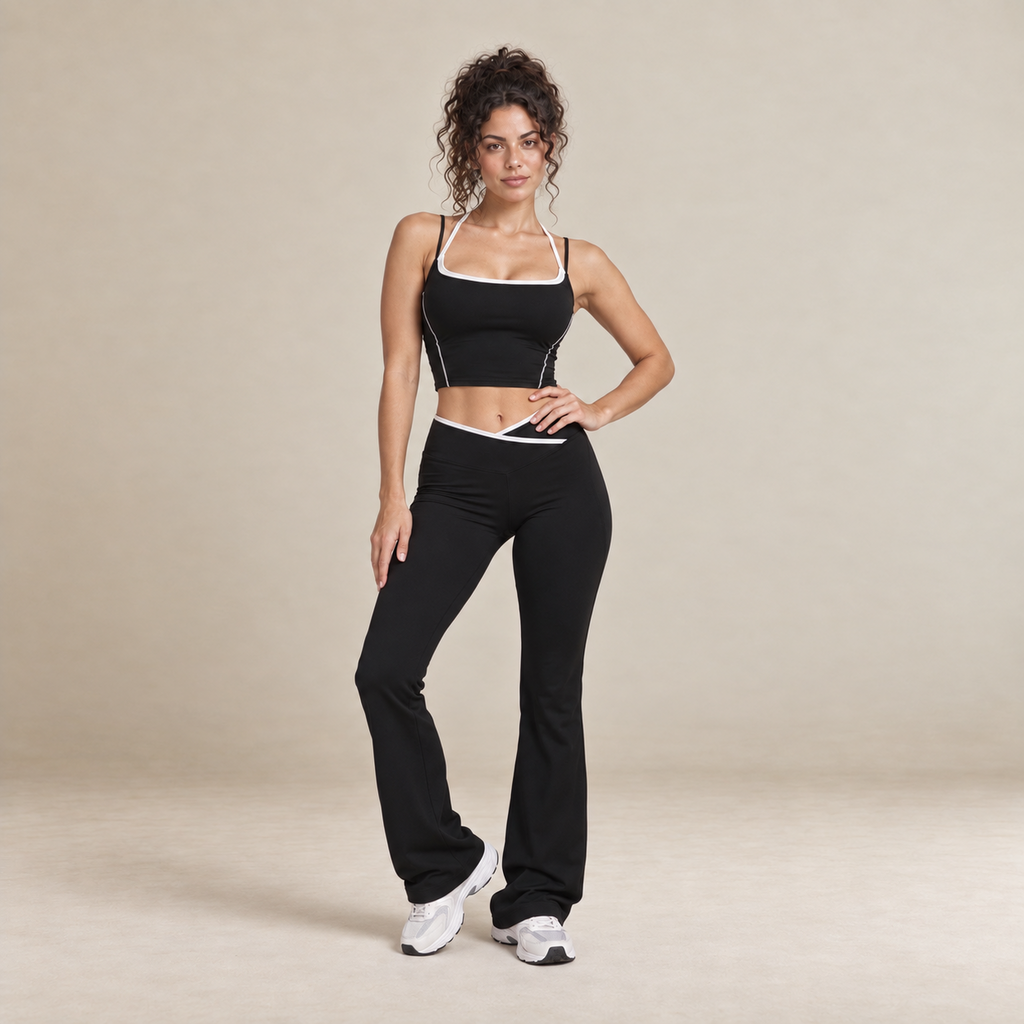 Cora – Women's Contrast Trim Top and Flared Trousers Set in Black — product image 6.
