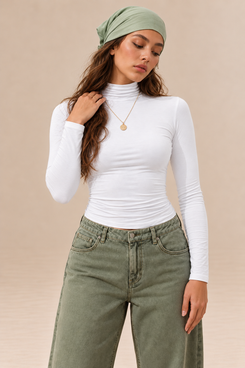Elara women's white long-sleeve roll neck top with a high neckline, fitted silhouette and plain finish, shown from the front.