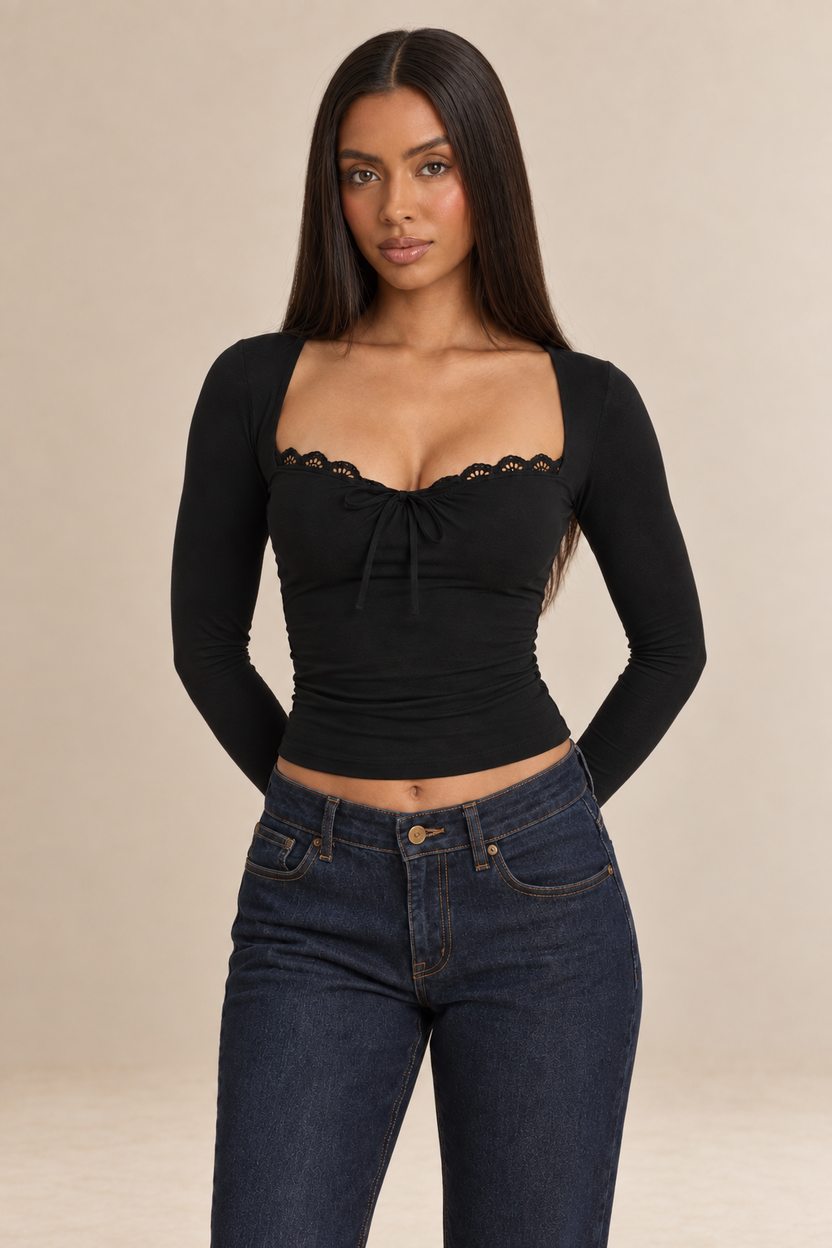 Elyna black lace-trim top, front view