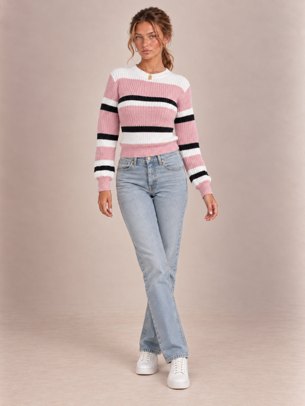 Hazel Striped Crew-Neck Jumper — Pink 1