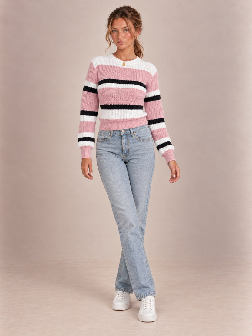 Hazel Striped Crew-Neck Jumper — Pink 1
