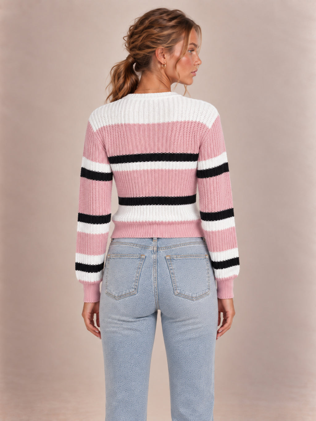 Hazel Striped Crew-Neck Jumper — Pink 3