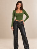 Lowel Square-Neck Long-Sleeve Crop Top — Green 1