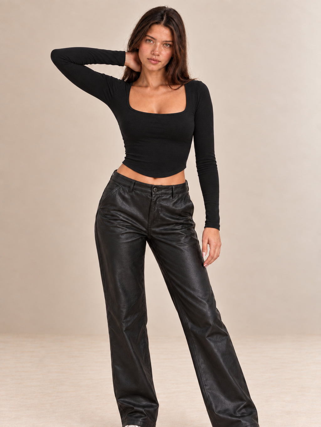 Lowel Square-Neck Long-Sleeve Crop Top — Black 5
