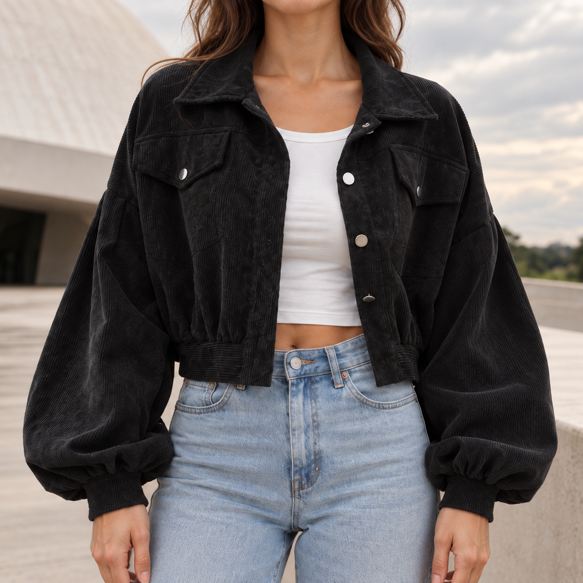 Cropped Corduroy Button-Front Jacket