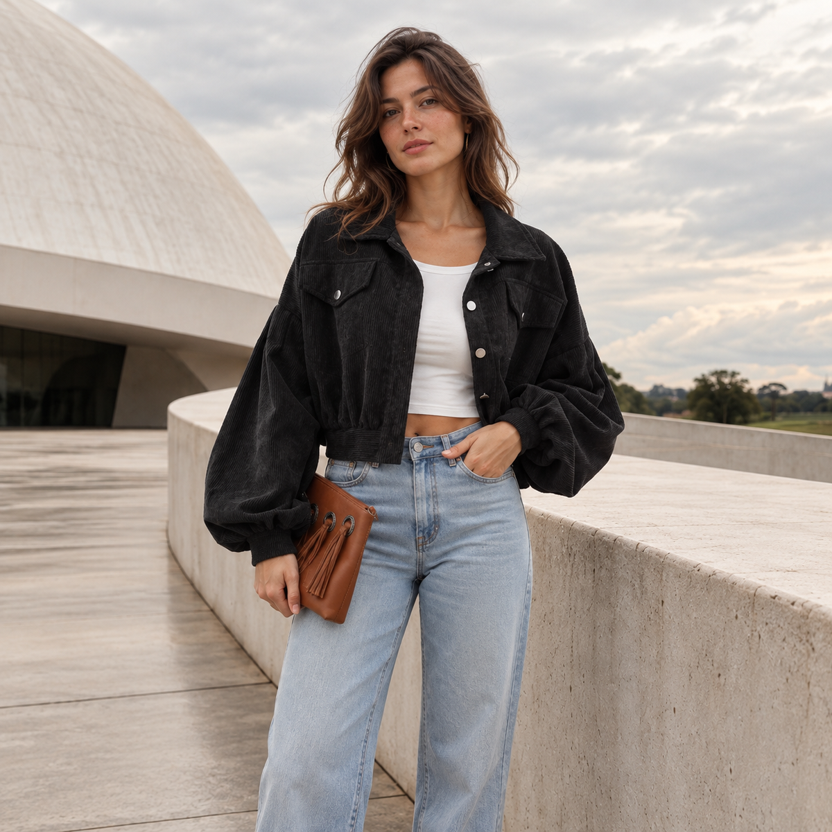 Cropped Corduroy Button-Front Jacket