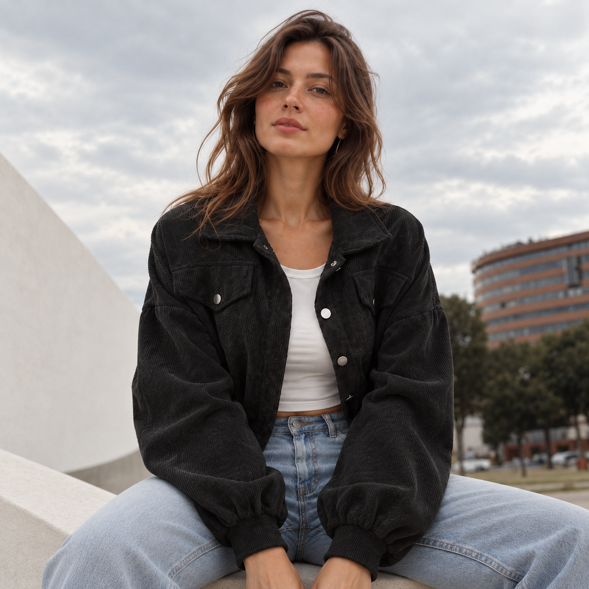 Cropped Corduroy Button-Front Jacket