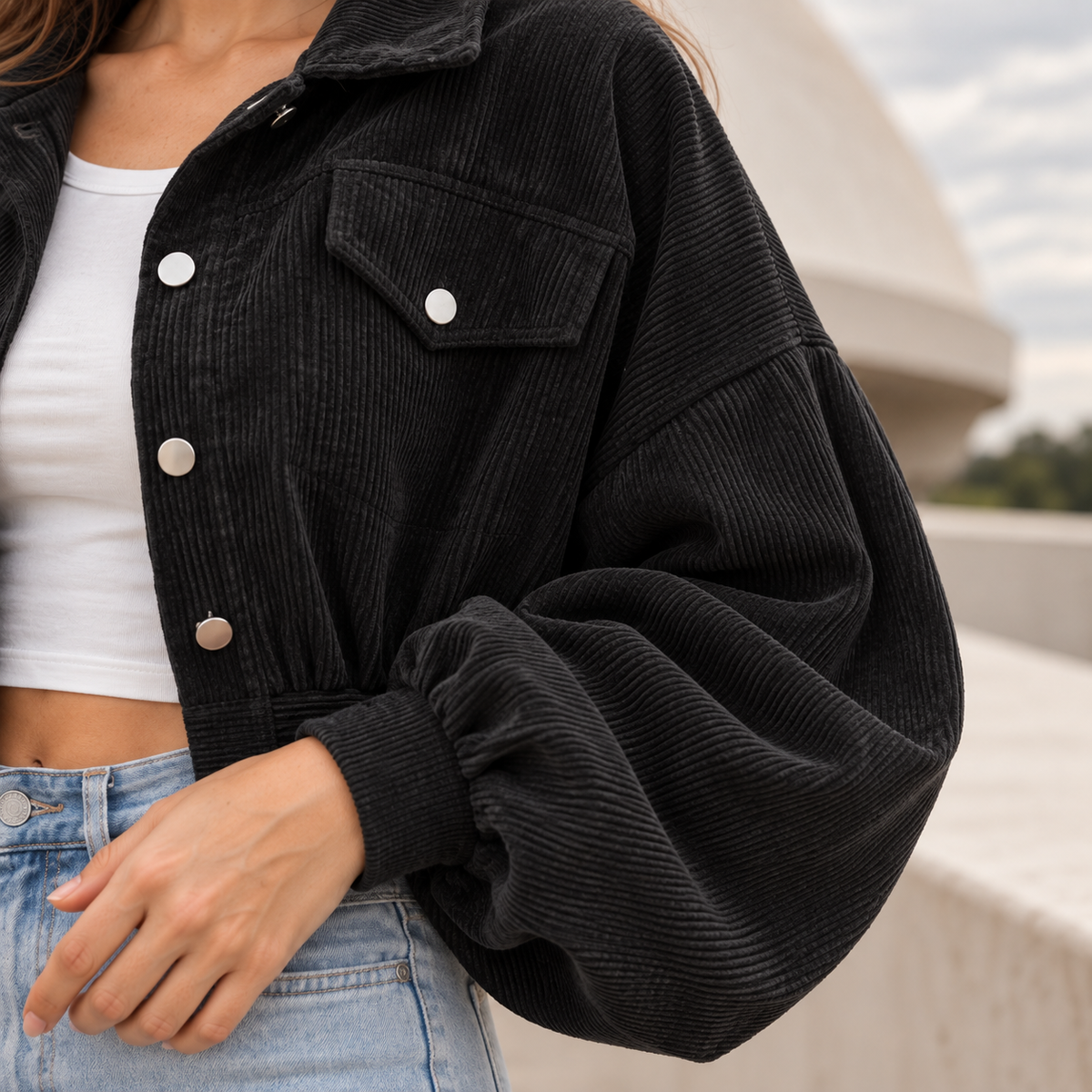 Cropped Corduroy Button-Front Jacket