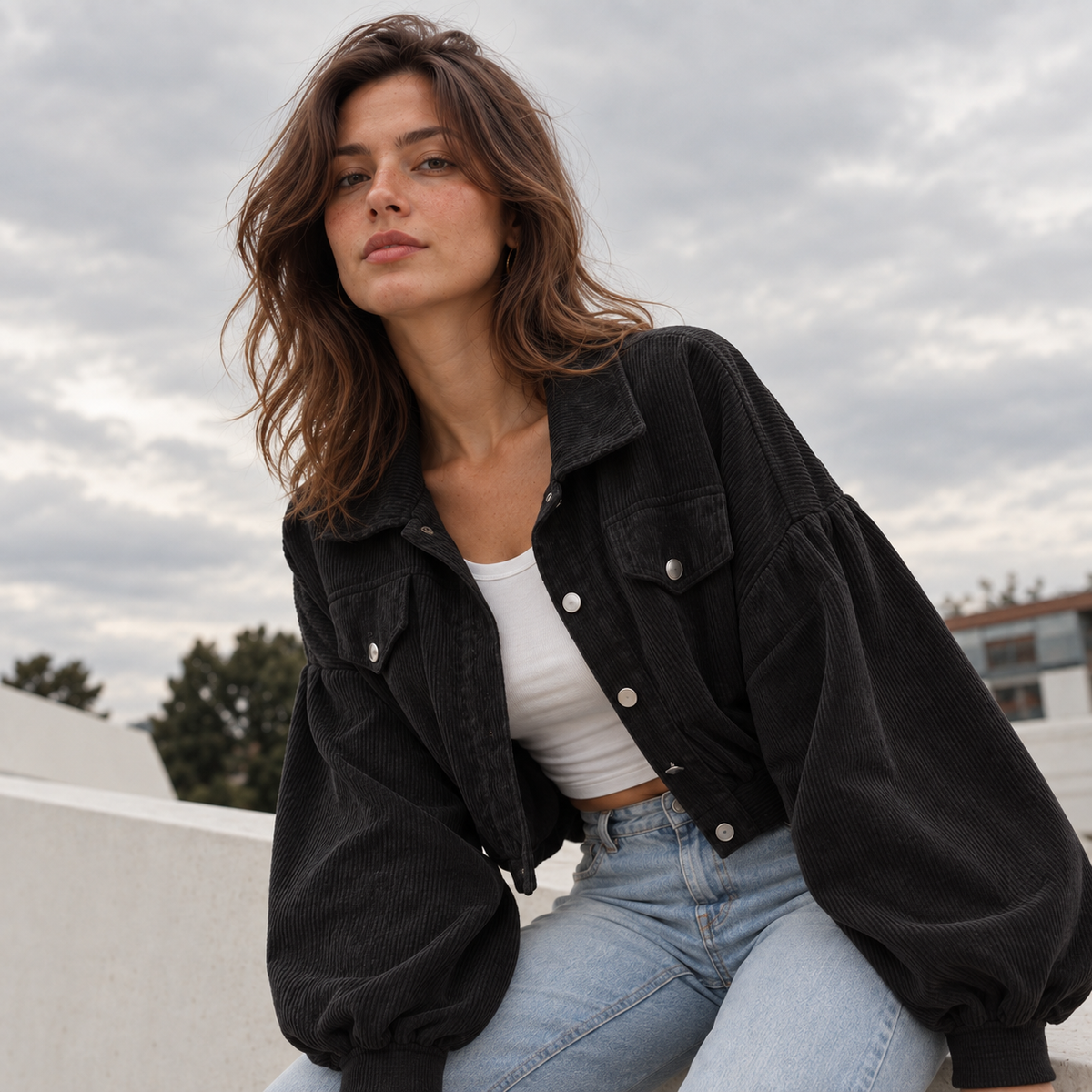Cropped Corduroy Button-Front Jacket