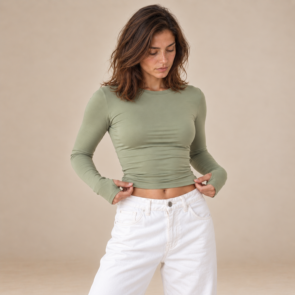 Long-Sleeve Cropped Crew-Neck Top