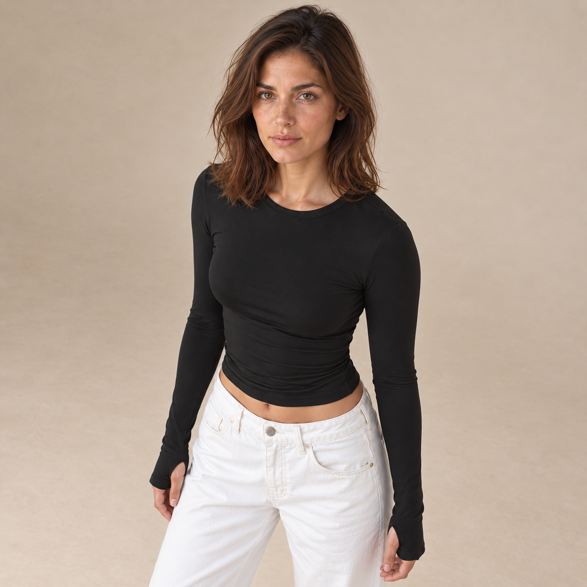 Long-Sleeve Cropped Crew-Neck Top