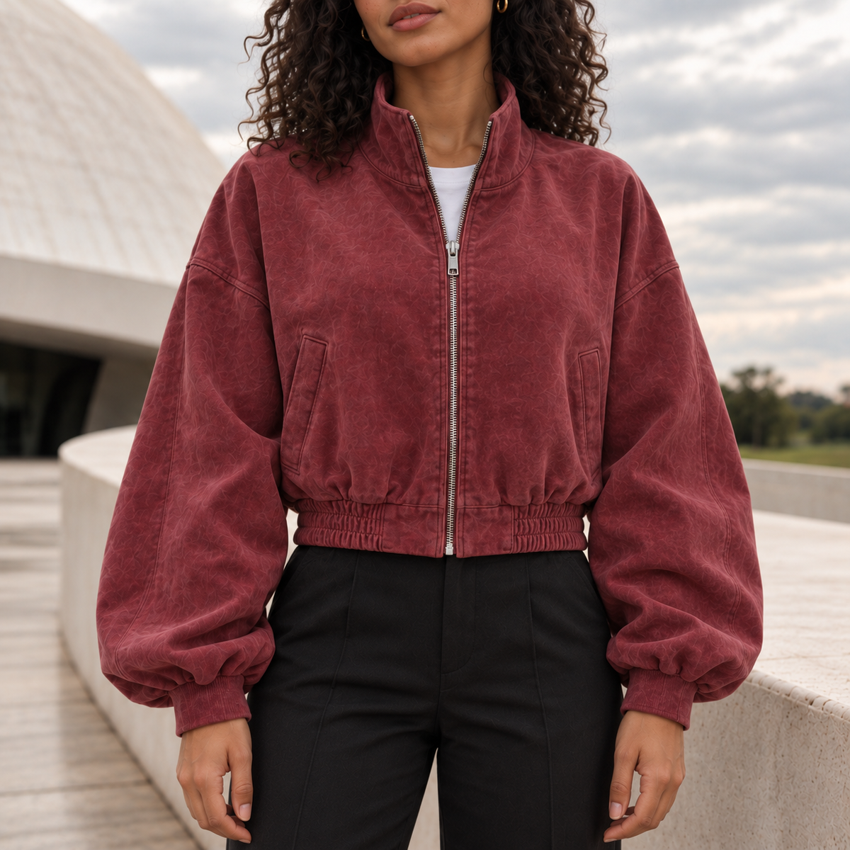 Cropped Stand-Collar Zip Jacket